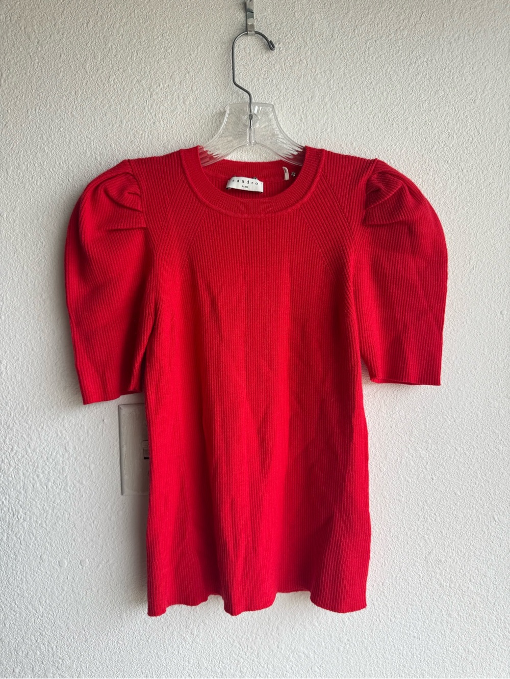 Sandro Vibrant Red Wool Blend Puff-Sleeve Ribbed Top size L